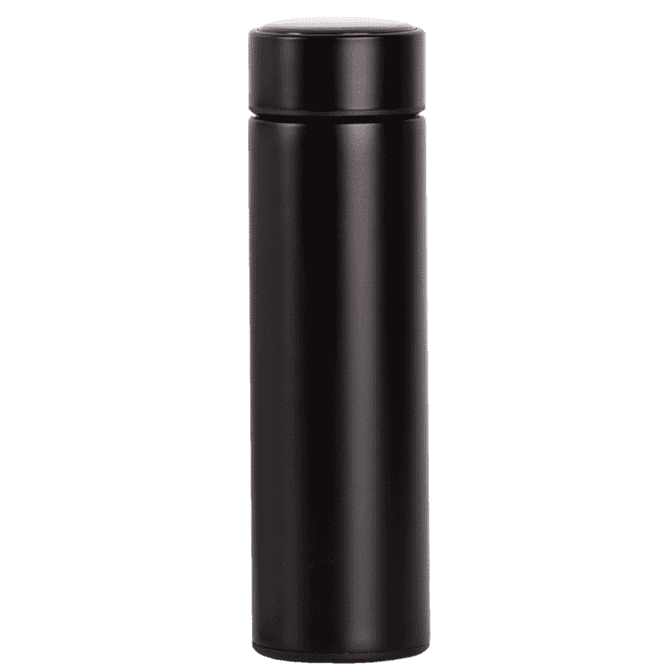 A drink bottle in sleek black with a cylindrical design and a secure lid. Features a branding logo.