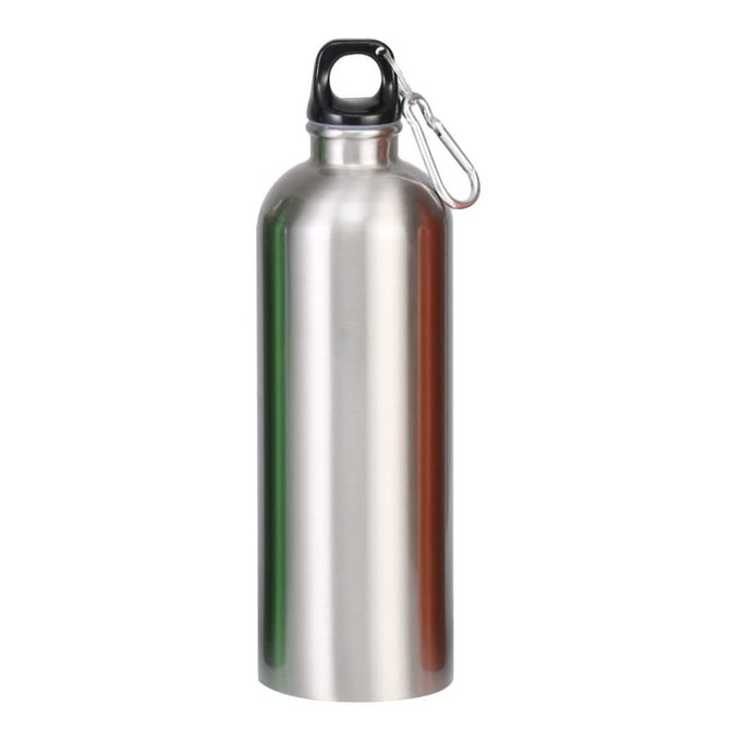A drink bottle in stainless steel with a black top and a carabiner for attachment. Features a logo on the body.