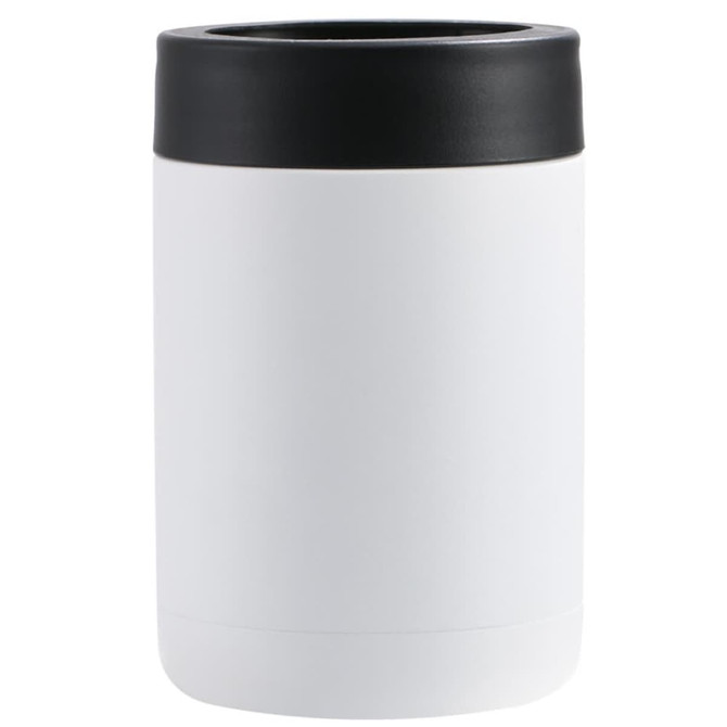 A drink bottle in white with a black lid. The bottle has a simple, modern design and features a logo.