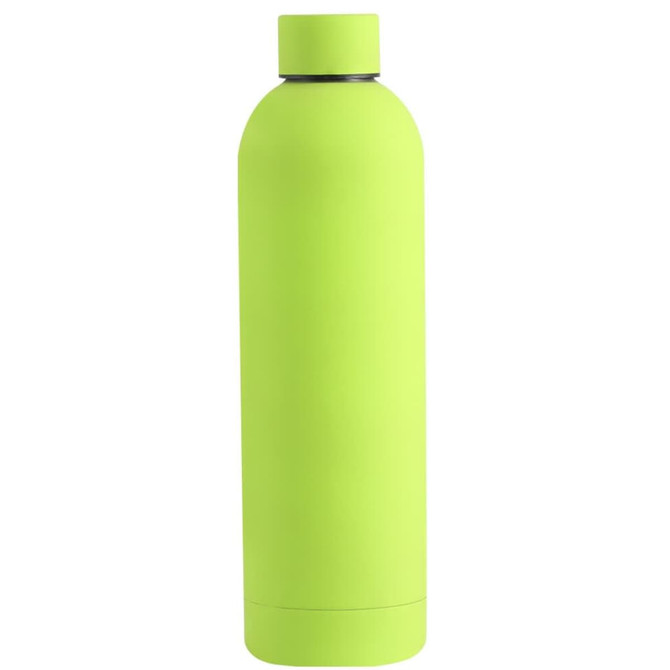A drink bottle in bright lime green with a sleek, smooth surface and a screw-top lid. It features a logo.