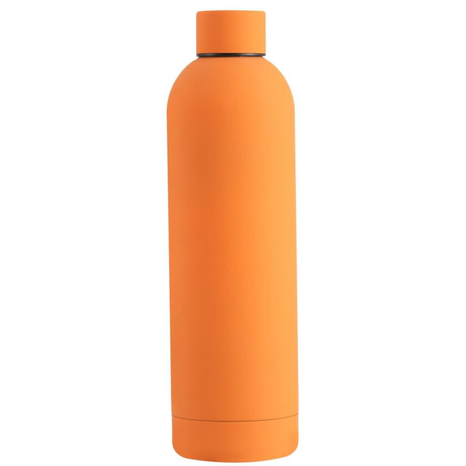 A drink bottle in vibrant orange, featuring a sleek design and a logo.