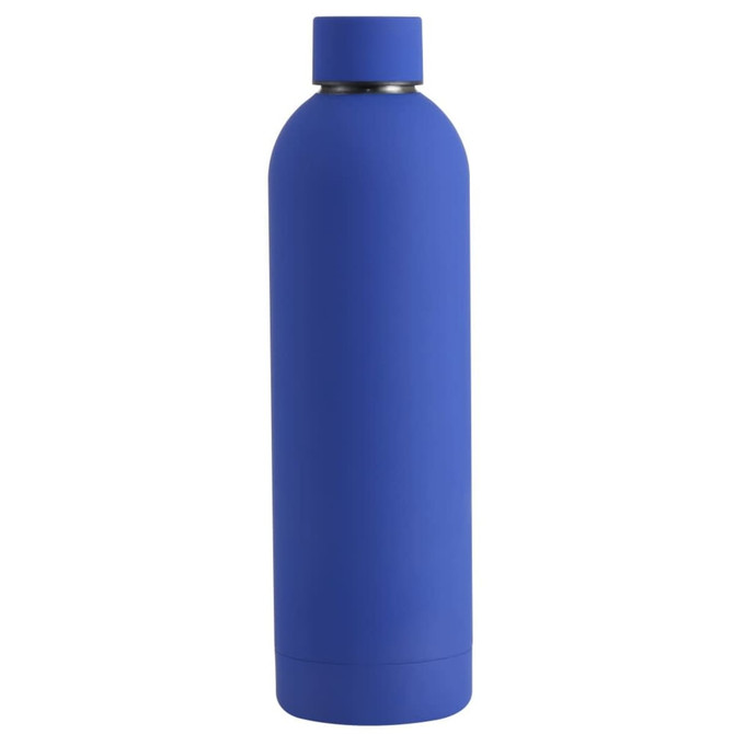 A drink bottle in vibrant blue with a sleek, smooth design and a matching cap, featuring a logo on the body.