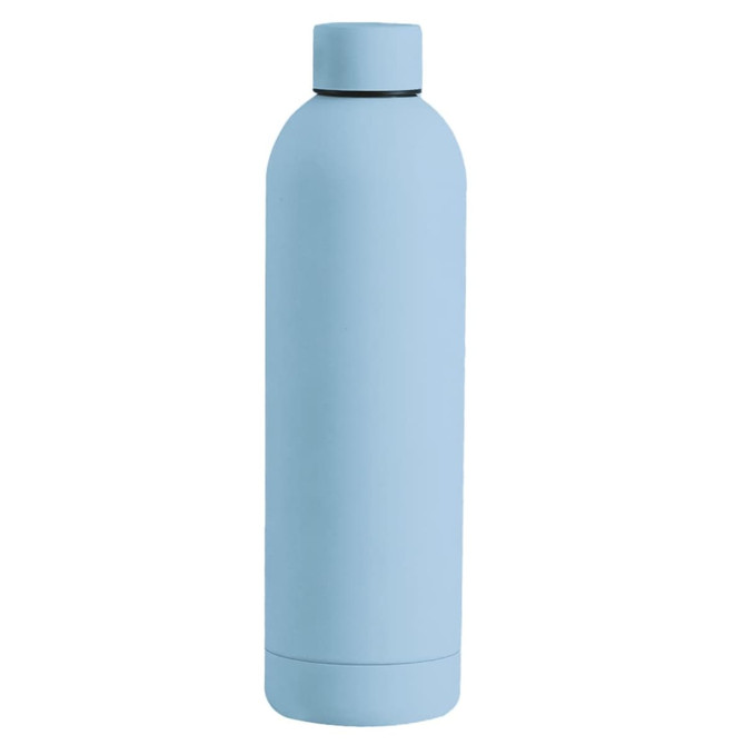 A drink bottle in light blue with a sleek design and a matching cap. It features a branding logo.