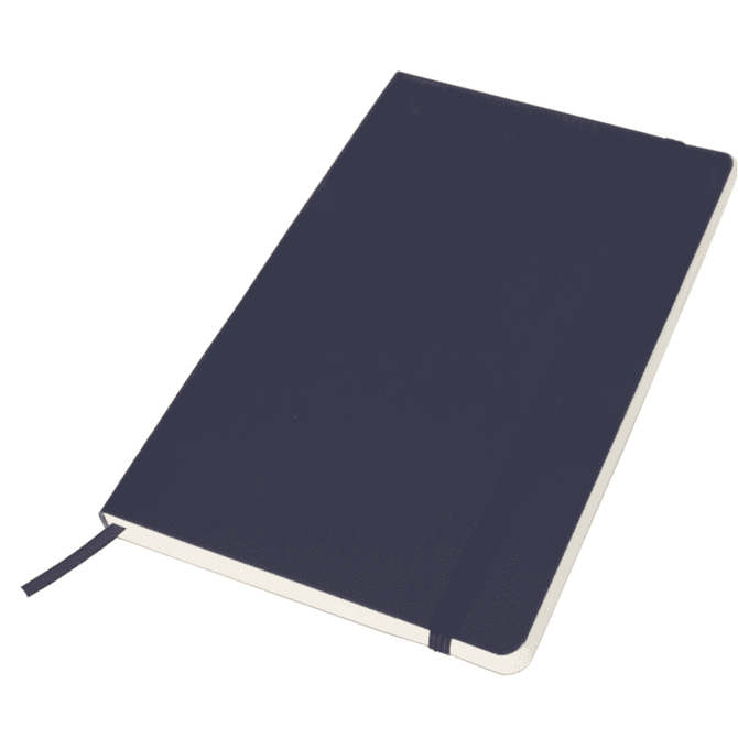 A navy blue notebook with a cream-coloured interior and a matching elastic band closure.