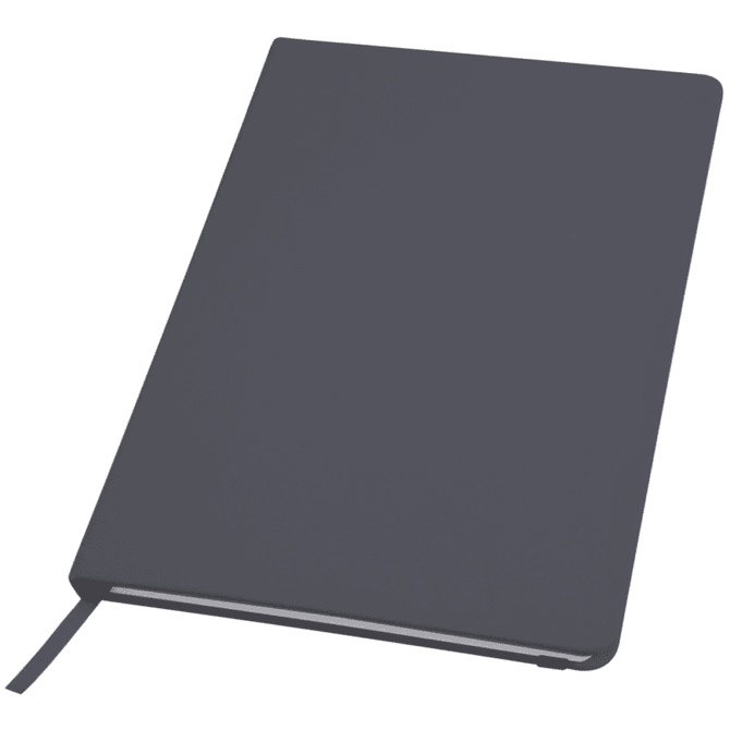 A dark grey notebook with a smooth cover and a ribbon bookmark, featuring a logo on the front.