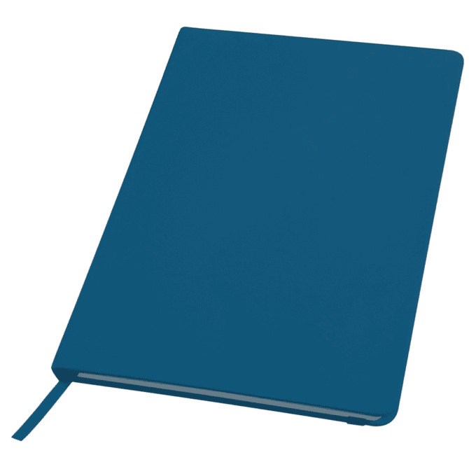 A blue notebook with a textured cover and ribbon bookmark, featuring a logo on the front.