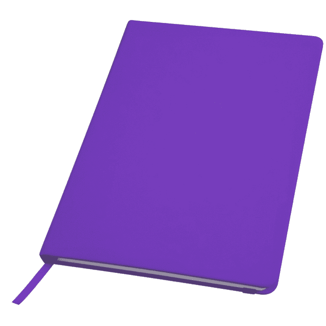 A purple notebook with a smooth cover and a ribbon bookmark, featuring a logo on the front.
