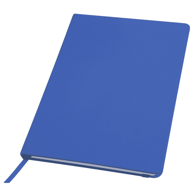 A blue notebook with a smooth cover and a ribbon bookmark, featuring a logo on the front.