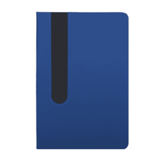 A blue notebook featuring a black elastic band closure and a smooth cover. It has a logo on the front.