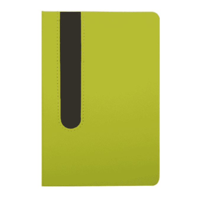 A green notebook with a black cutout design on the front cover. It has a sleek and modern appearance.