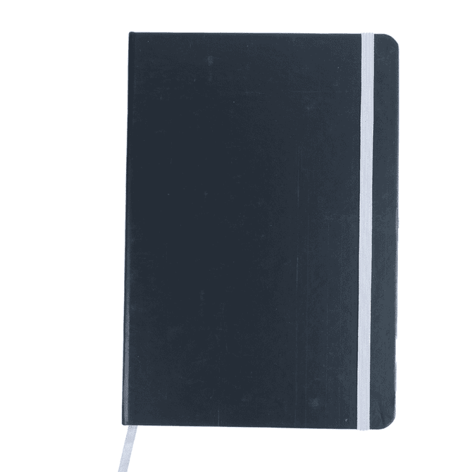 A dark navy notebook with a white elastic band, featuring a smooth cover and bookmark ribbon.
