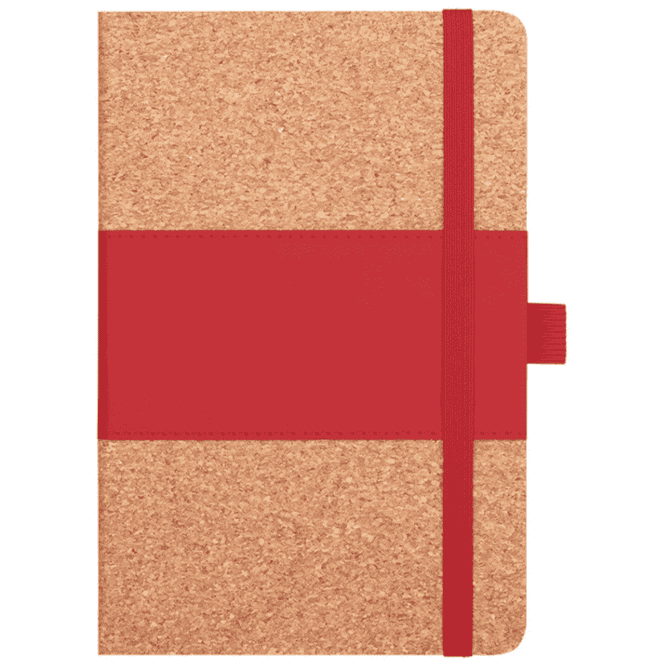 A notebook with a cork cover and a vibrant red elastic band, featuring a small red strap closure.
