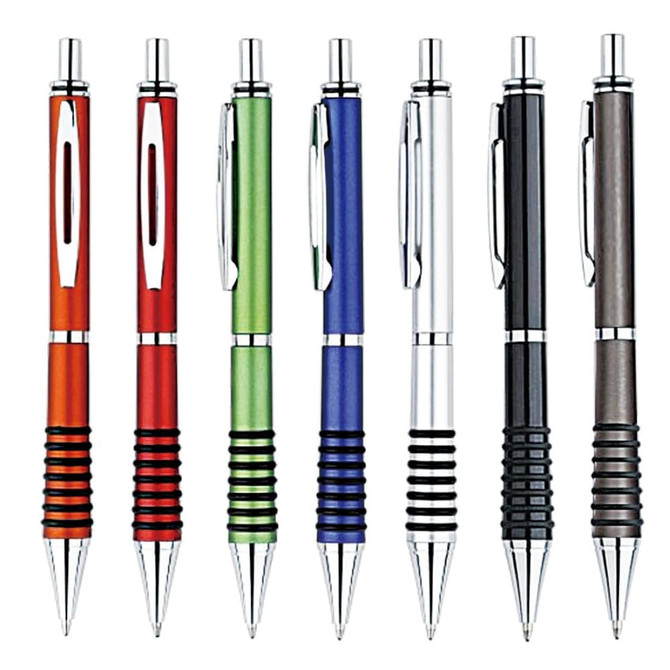 A collection of eight plastic pens in red, green, blue, black, and grey, featuring chrome accents and textured grips.