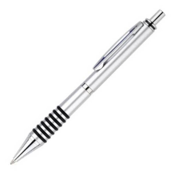 A silver plastic pen with a sleek design and black rubber grips, featuring a logo on its side.