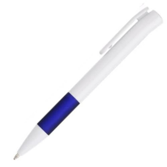 A plastic pen featuring a white body with a blue grip and a silver tip. The pen includes a clip and branding.