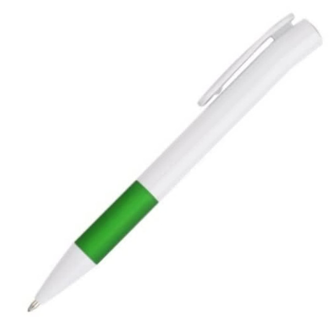 A plastic pen featuring a white barrel and a green grip, with a clip for convenience.