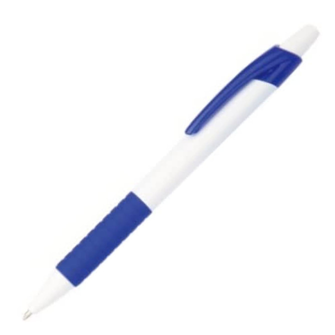 A plastic pen featuring a white body and blue grip, with a blue clip and a logo.