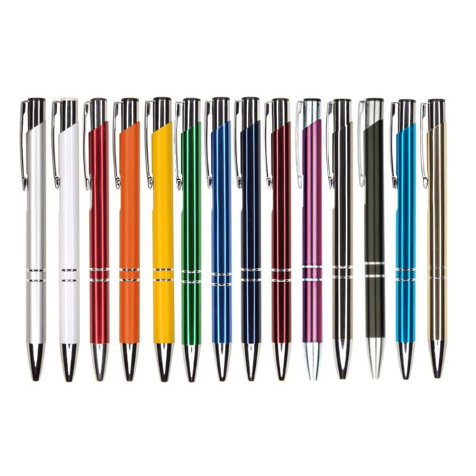 A collection of metal pens in various colours, including silver, white, red, orange, yellow, green, blue, purple, and black, with branding.