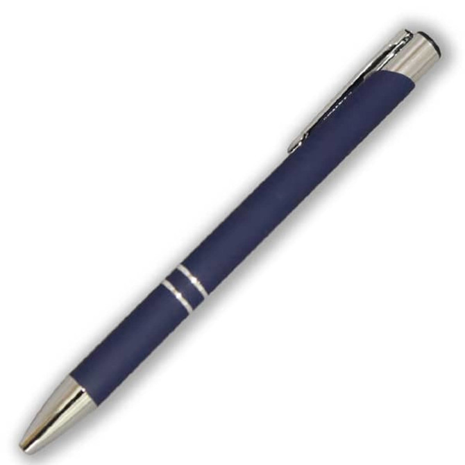 A metal pen in navy blue with silver accents and a clip, featuring a simple design.