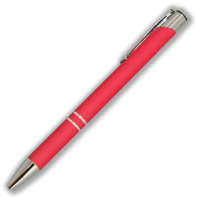 A metal pen with a vibrant pink finish and a metallic clip. It features silver detailing.