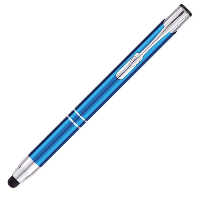 A blue stylus pen with silver accents and a rubber tip for touchscreen use. It features a branding logo.