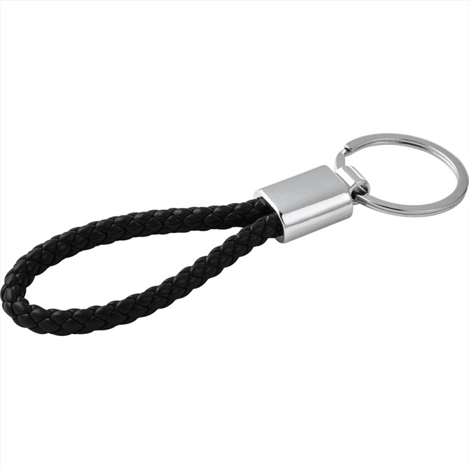 A black vegan leather twist key ring featuring a silver metal connector and keyring.