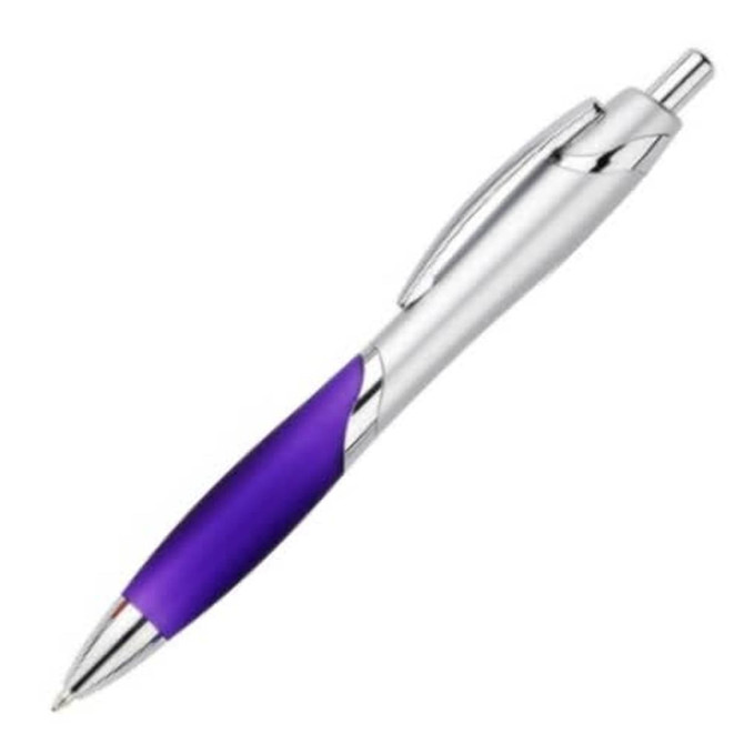 A plastic pen with a silver body and a purple grip, featuring a clip and a shiny tip.
