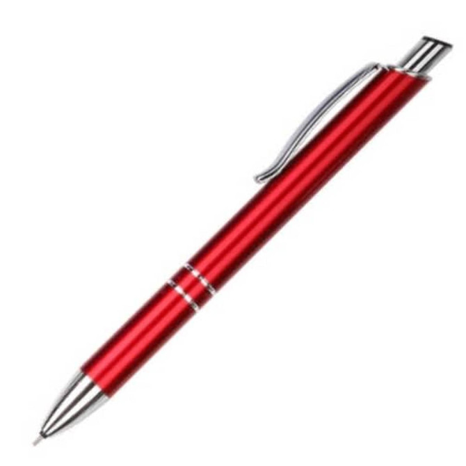 A red pen with a shiny silver clip and accents, featuring a sleek, metallic design.