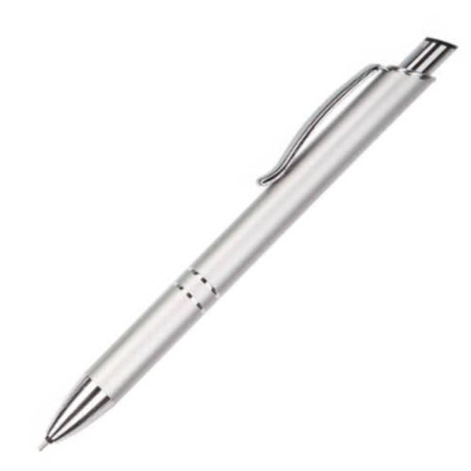 A metallic silver pen with a sleek design and a clip, featuring a branding logo.