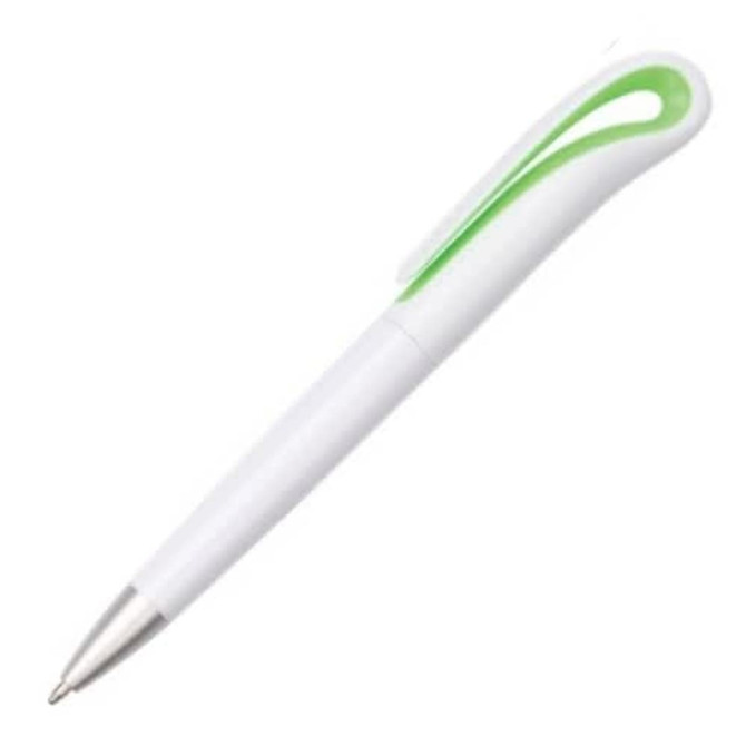 A white plastic pen with a green grip and a silver tip. The pen features a branding logo.