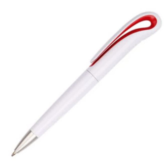 A plastic pen in white with a red accent and a silver tip. The pen features a logo on its surface.