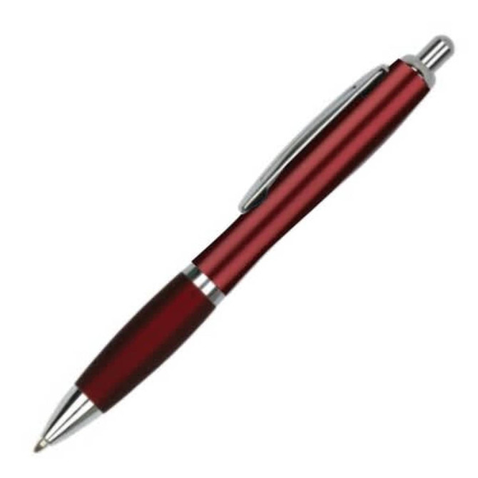 A red metal pen with a sleek design and chrome accents, featuring a clip and a logo.