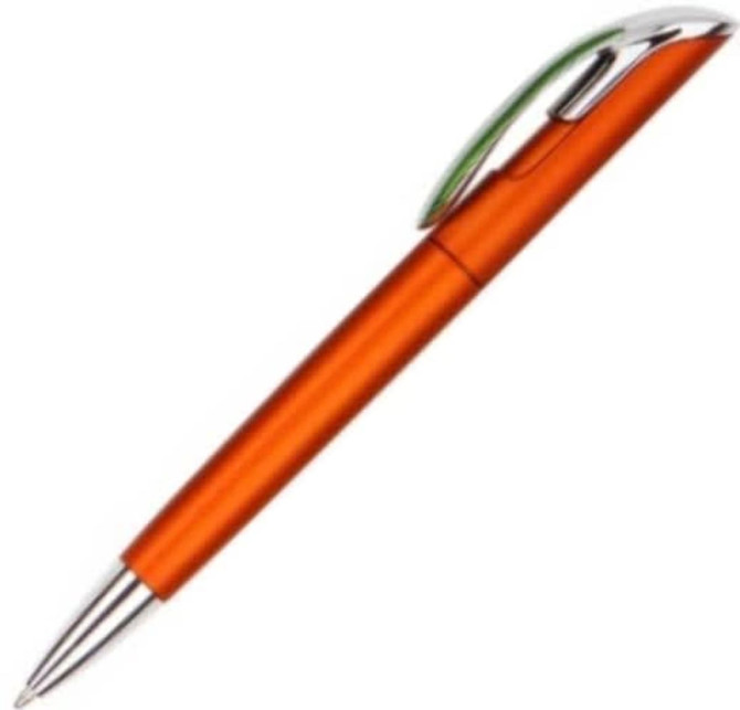 An orange plastic pen with a silver tip and a green clip. The pen features a logo on its body.