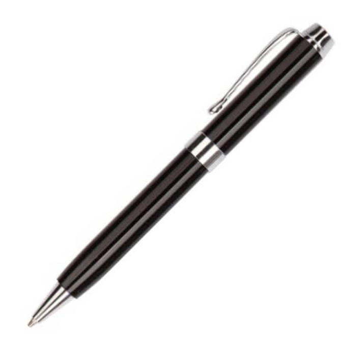 A black metal pen with a silver trim and a clip, featuring a sleek and elegant design.
