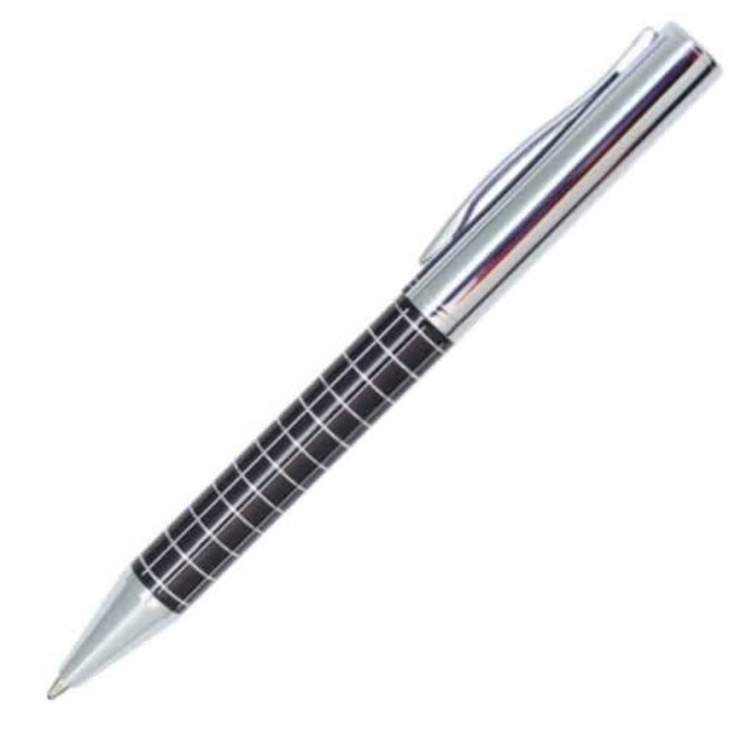 A metal pen with a black textured grip and a shiny silver clip, featuring a logo on the barrel.