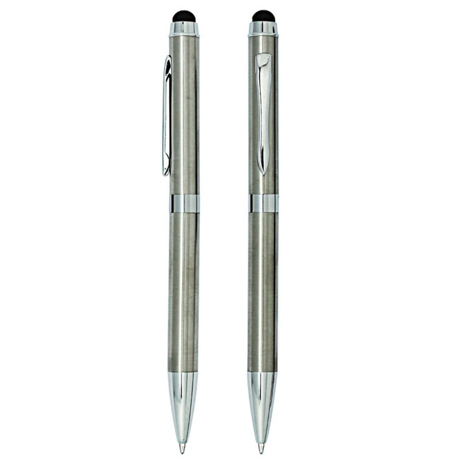 Two metal pens with a sleek silver and grey finish, one featuring a stylus tip and a clip. Each pen has a logo.