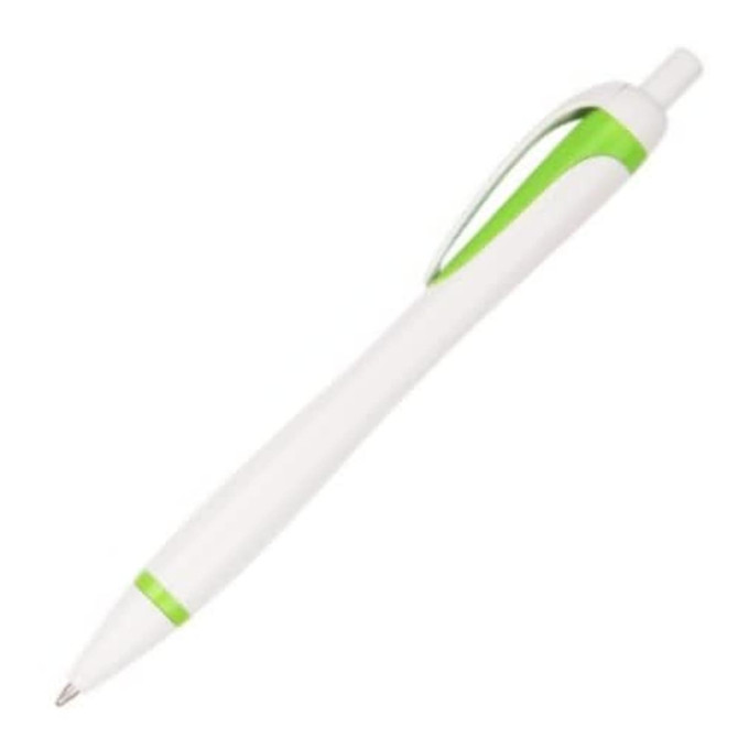 A plastic pen featuring a white body with lime green accents and a clip. It has a sleek design and a logo.
