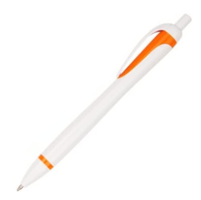 A plastic pen featuring a white body with orange accents and a clip, including a logo.