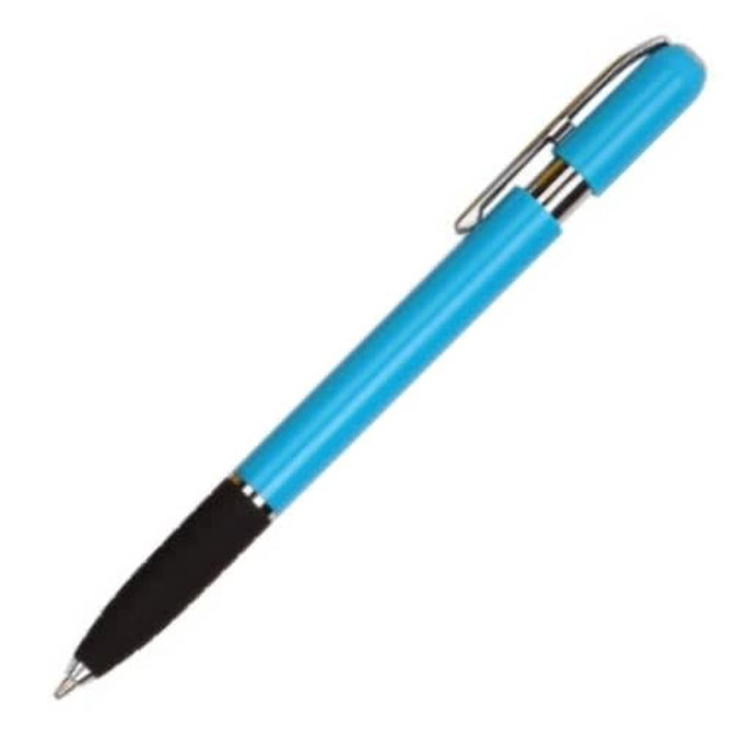 A blue plastic pen with a black grip and a silver clip. It features a logo on the barrel.
