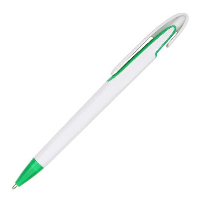 A plastic pen with a white barrel and green accents, featuring a clip for easy attachment.