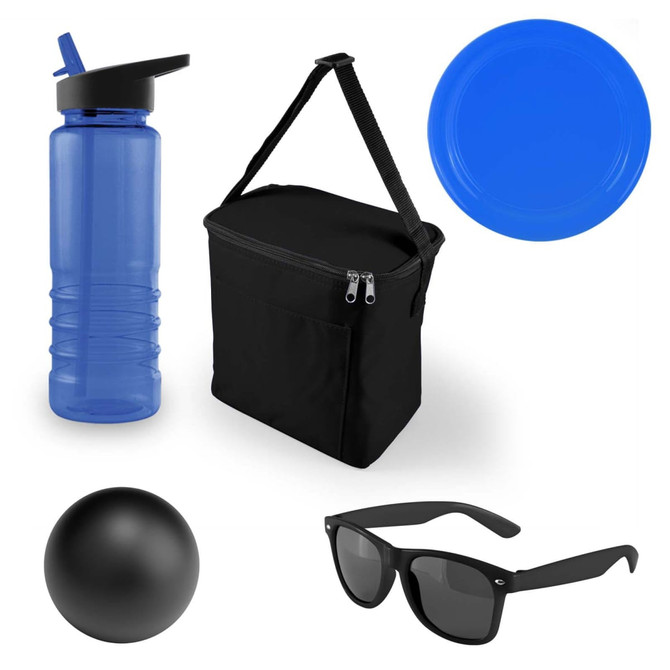 A blue drink bottle, a black cooler bag, a black ball, a blue plate, and black sunglasses. The bag has a logo.