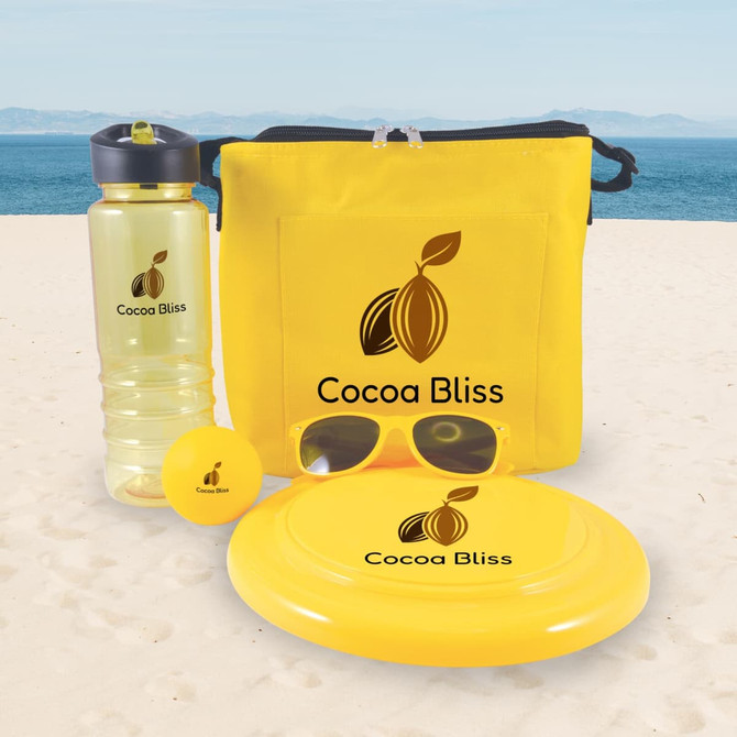 A yellow cooler bag, a drink bottle, sunglasses, a frisbee, and a ball, all featuring a logo.