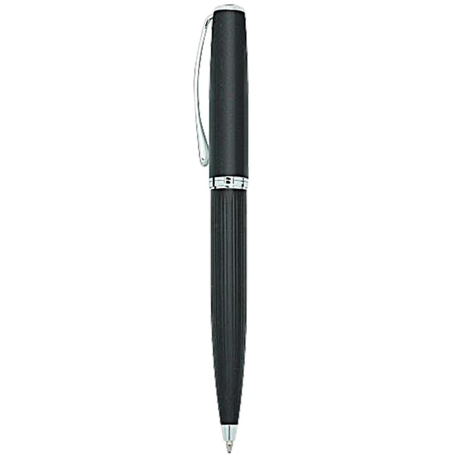 A black metal ball pen with a textured grip and a chrome clip. It features a simple design and polished accents.