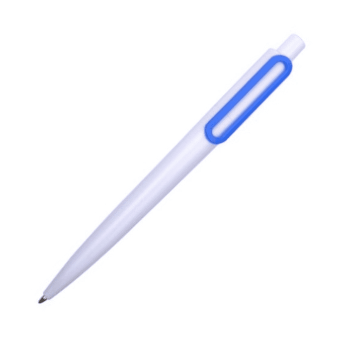 A blue and white plastic pen with a smooth finish and a logo on its body.