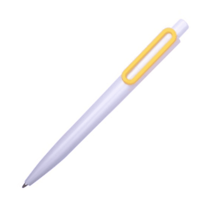 A plastic pen in white with a yellow clip, featuring a simple design and a logo.