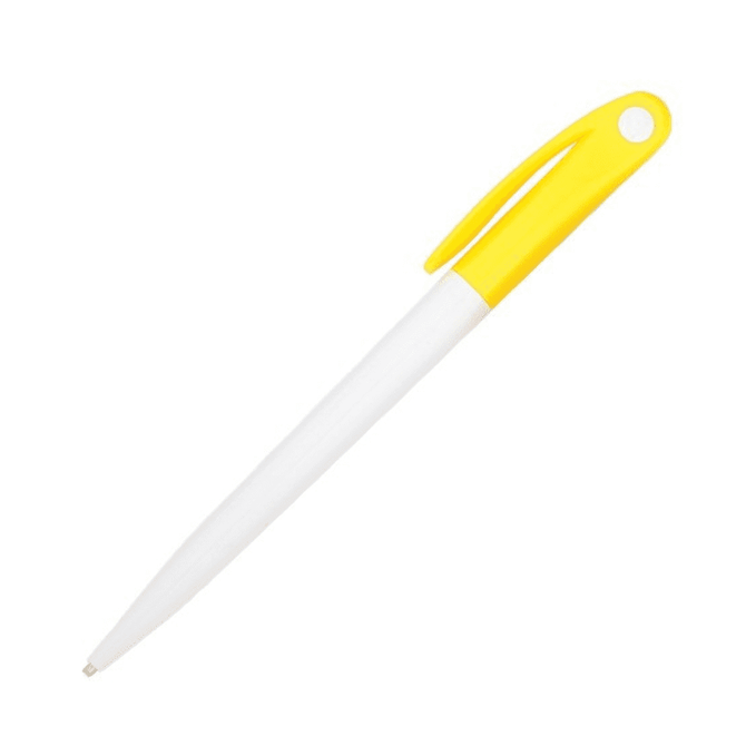 A plastic pen with a white body and a yellow cap. The pen features a clip and a logo.