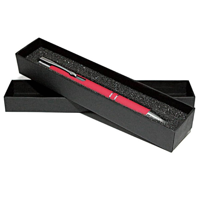 A red pen presented in a sleek black box with a foam insert for protection, featuring a logo on the box.
