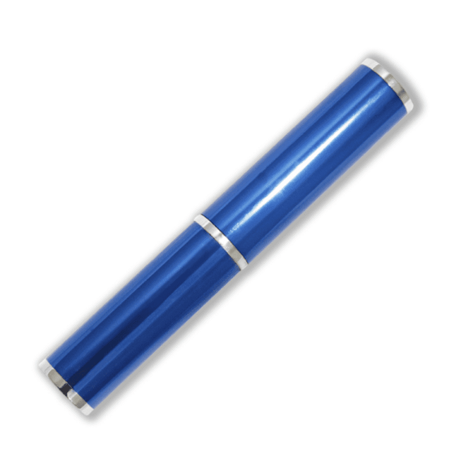 A blue pen tube with silver accents, featuring a smooth, shiny surface and an elegant design.