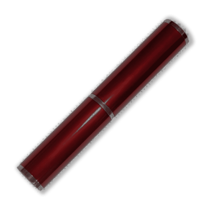 A red pen tube with a glossy finish and a silver accent, featuring a logo.