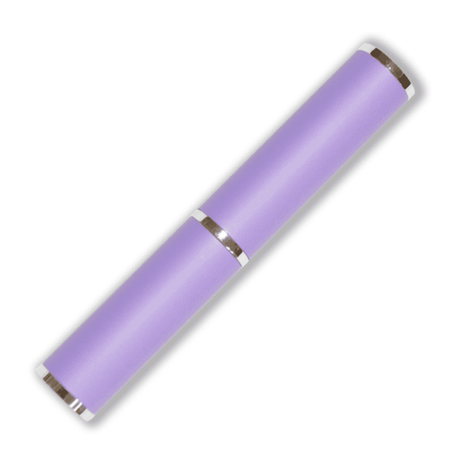 A purple pen tube with silver accents, featuring a logo on its surface.